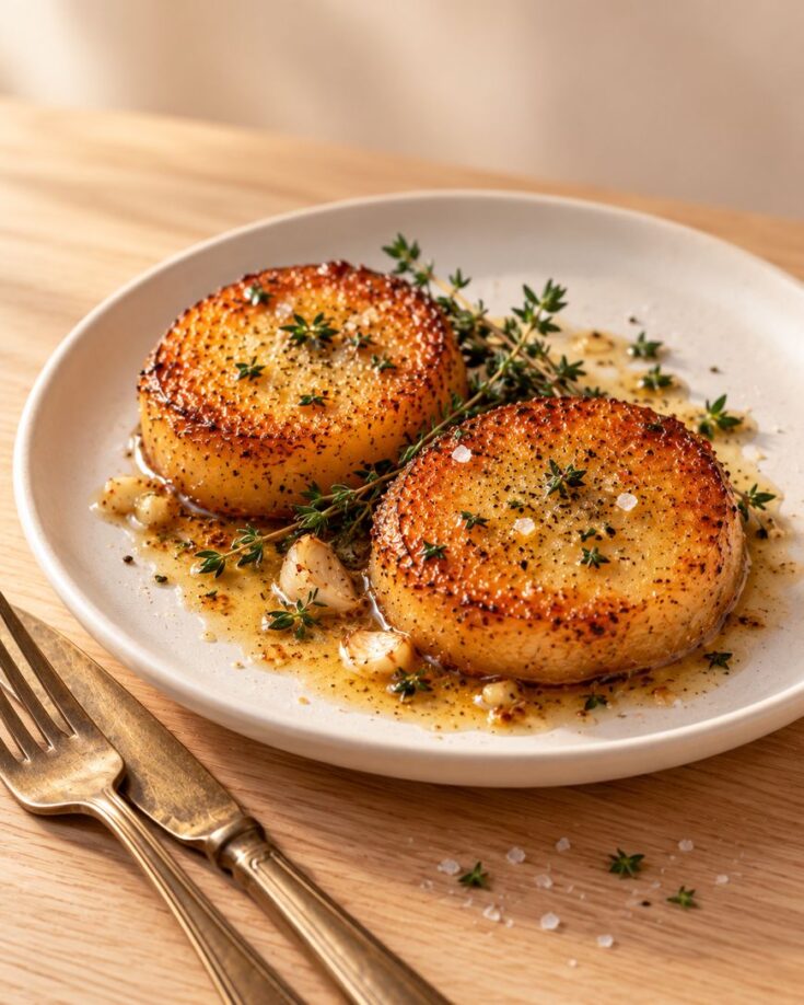 Two pan-seared potato rounds garnished with fresh thyme and garlic on a plate next to a fork and knife.