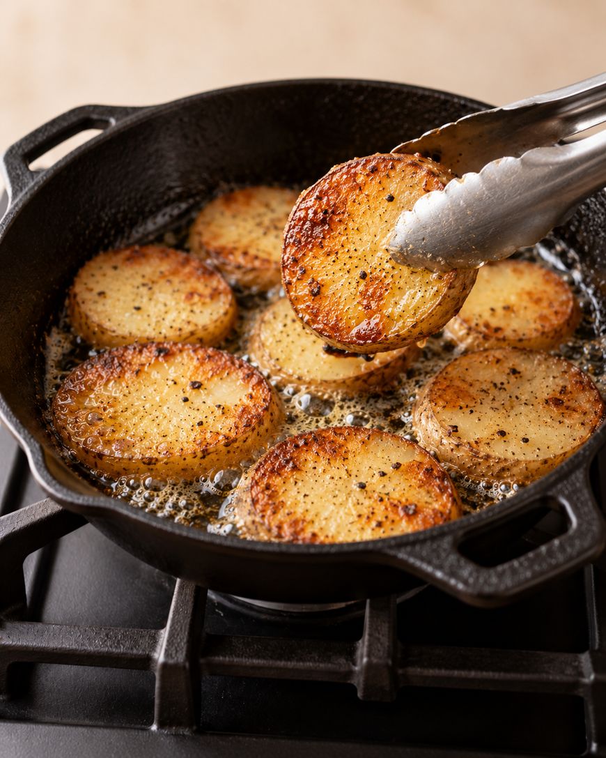 Metal tongs lifting a golden-brown, peppered potato slice from a cast-iron skillet containing other frying potato slices.