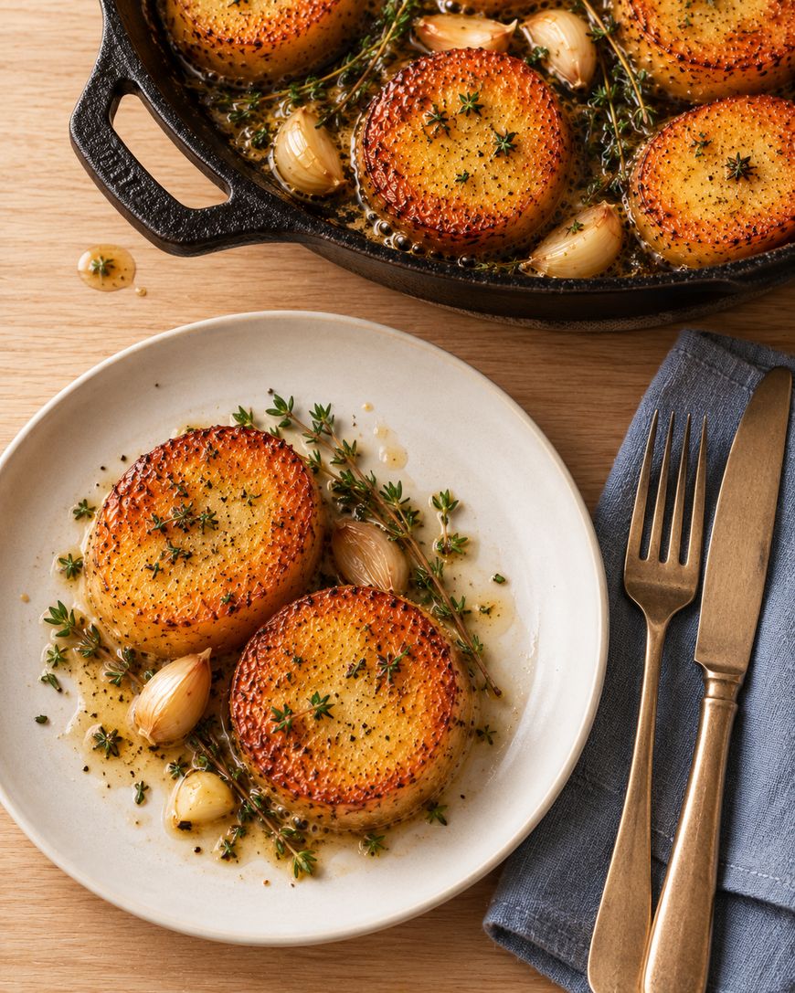 Two pan-seared potato rounds garnished with garlic cloves and thyme on a plate, with a cast iron skillet of more potato rounds nearby.