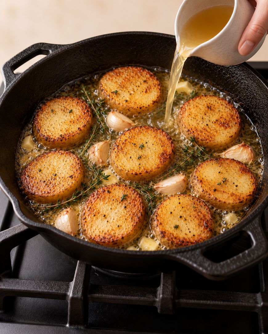 Broth being poured from a small pitcher into a cast-iron skillet containing seared potato rounds, garlic cloves, and fresh herbs.