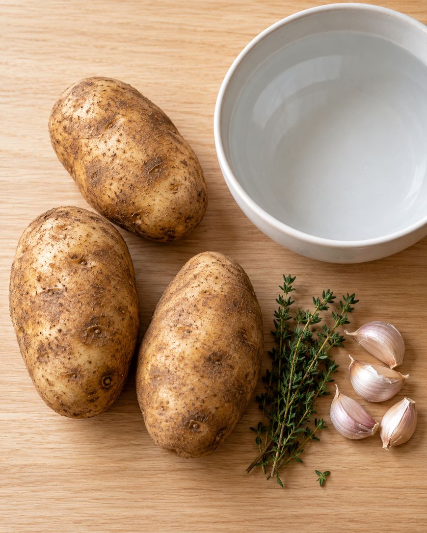 Three raw potatoes, a sprig of fresh thyme, three cloves of garlic, and an empty white bowl on a wooden surface.