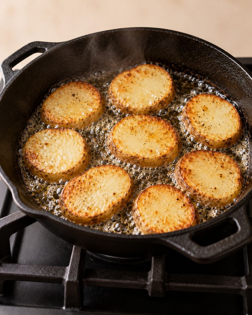 Seven golden-brown potato slices frying in a cast iron skillet on a stovetop.