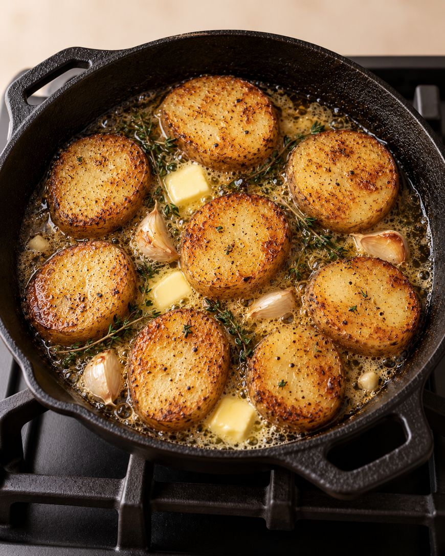 Slices of seared potatoes frying in a cast-iron skillet with butter, garlic cloves, and fresh thyme.