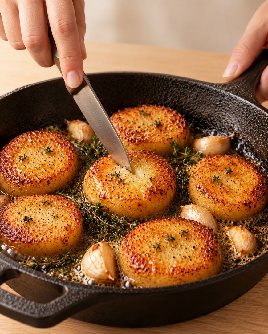 A hand uses a knife to pierce a golden-brown seared potato round in a cast-iron skillet with garlic cloves and thyme.