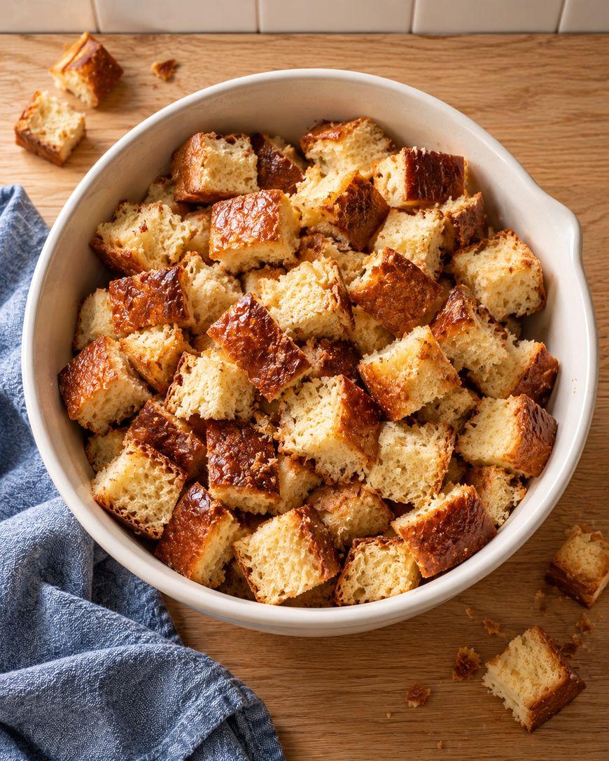 A white bowl filled with toasted bread cubes, with a few extra pieces scattered on a wooden table.