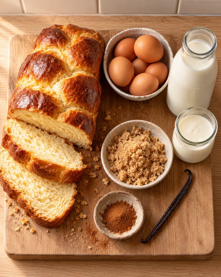 A loaf of braided bread with several slices, accompanied by bowls of eggs, brown sugar, and cinnamon, a vanilla bean, and a bottle of milk on a wooden cutting board.