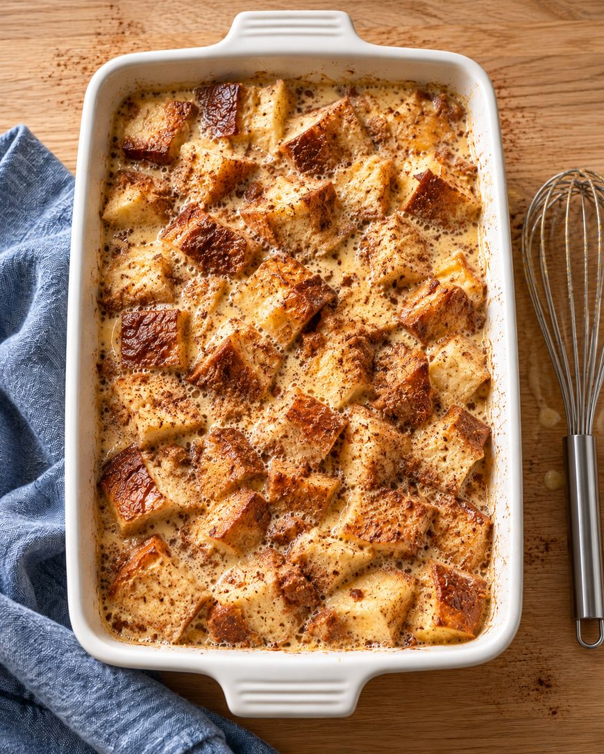 A rectangular baking dish filled with bread pudding, sitting on a wooden surface next to a blue cloth and a wire whisk.