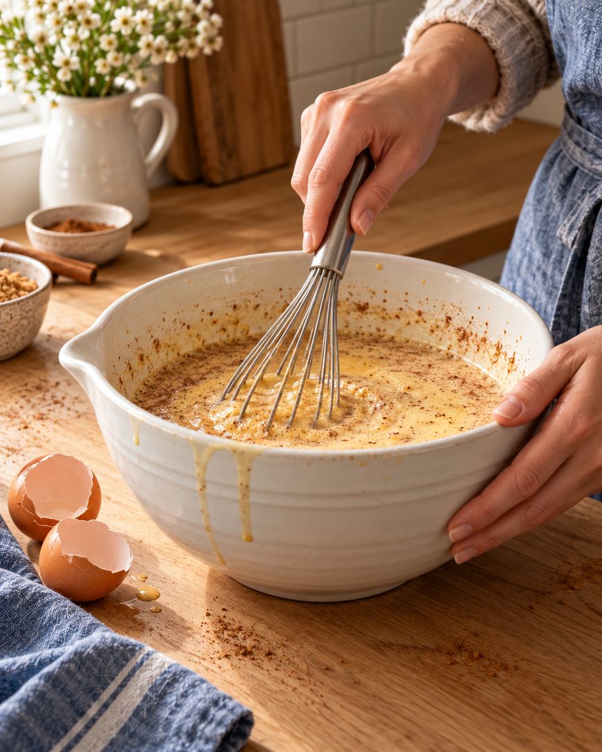 A person whisking a golden batter in a large white bowl on a wooden countertop, with broken eggshells nearby.