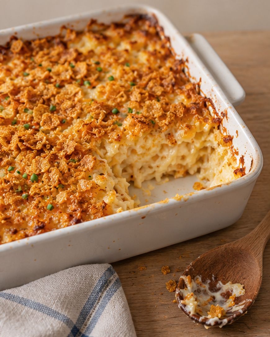 A white rectangular baking dish of macaroni and cheese topped with a crunchy cereal crust, with a portion removed and a wooden spoon resting nearby.