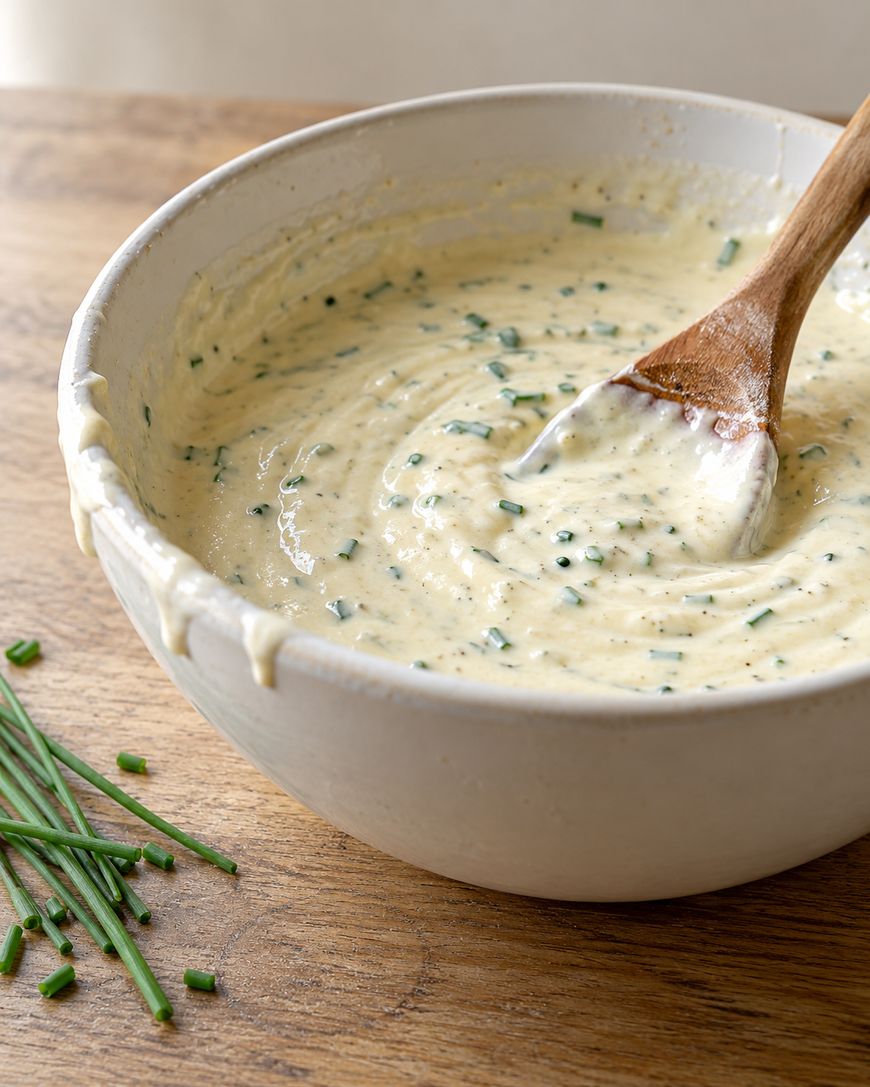 A wooden spoon rests in a white ceramic bowl filled with a creamy sauce mixed with chopped chives.