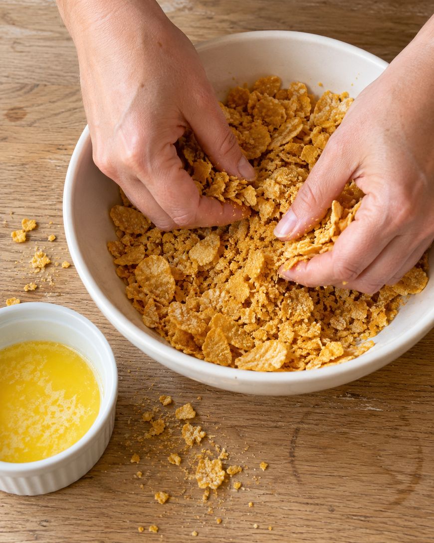 Hands crushing cornflakes in a bowl next to a small dish of melted butter.