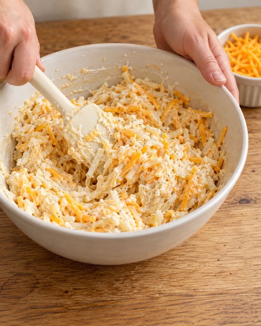 A person uses a spatula to mix shredded cheese and potatoes in a large bowl.