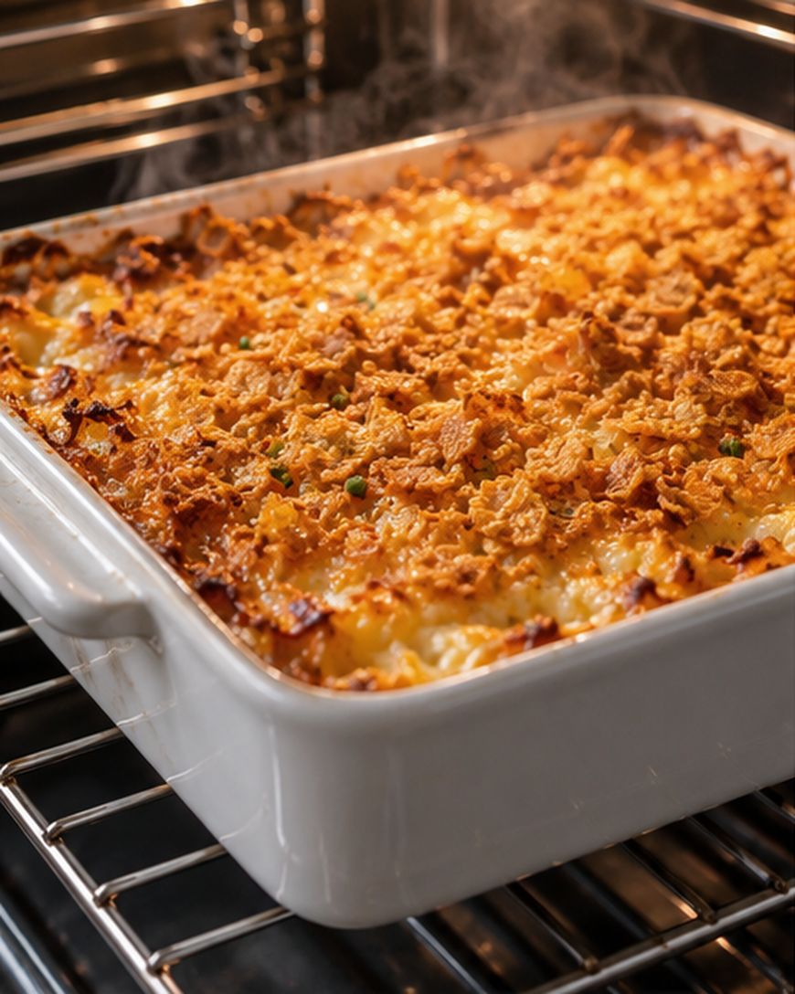 A rectangular white baking dish filled with a cheesy, golden-brown casserole topped with crispy flakes, sitting on an oven rack.