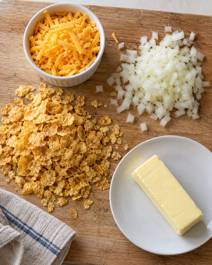 A wooden cutting board with a bowl of shredded cheddar cheese, a pile of diced onions, a heap of cornflakes, and a stick of butter on a small plate.