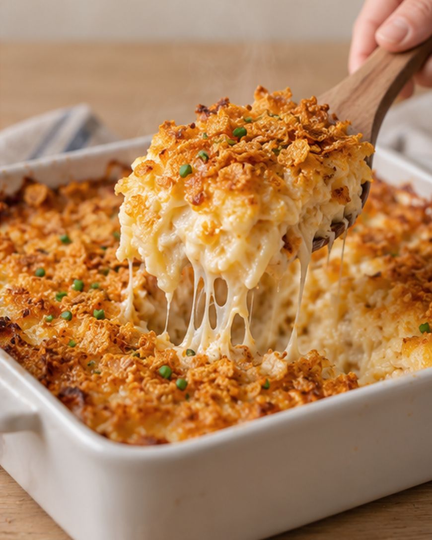 A wooden spoon lifts a portion of cheesy potato casserole with a crispy cornflake topping from a white baking dish, with strings of melted cheese stretching between them.