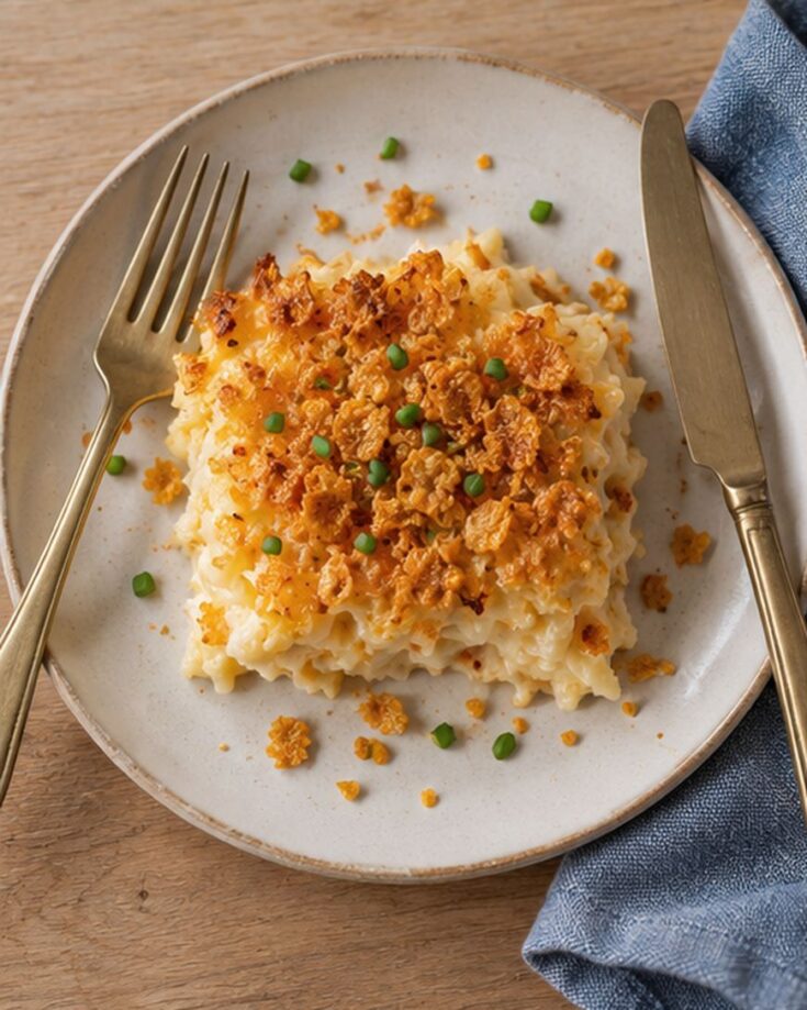 A square serving of cheesy potato casserole topped with toasted flakes and chives on a plate with a fork and knife.