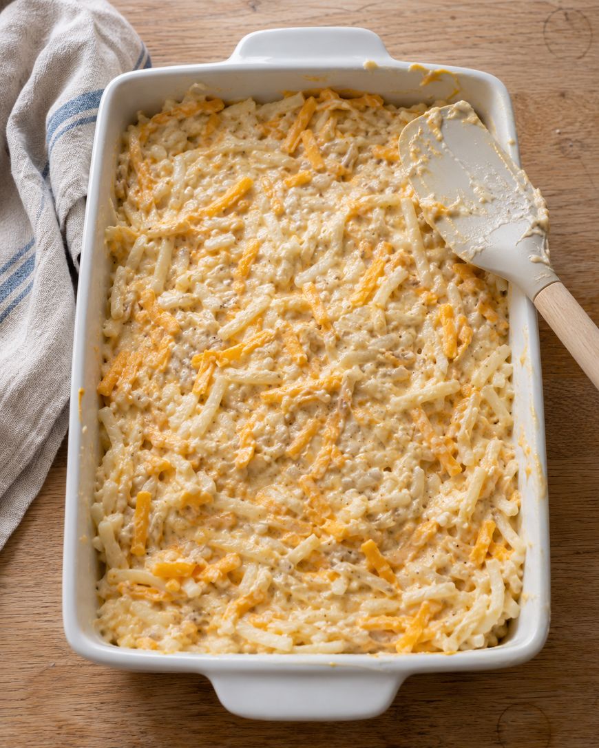 A rectangular baking dish filled with a mixture of shredded potatoes and melted cheese, with a silicone spatula resting inside.