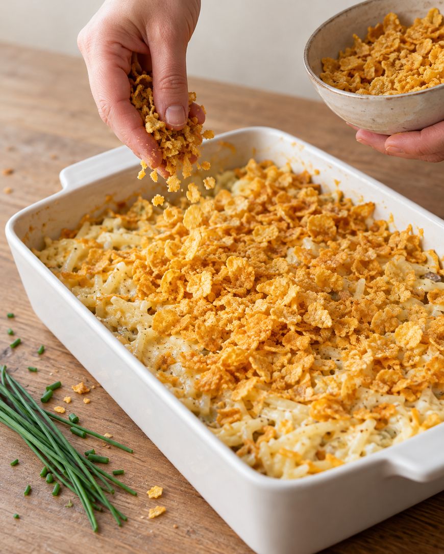 Hands sprinkling crushed cereal flakes over a creamy pasta casserole in a white baking dish.
