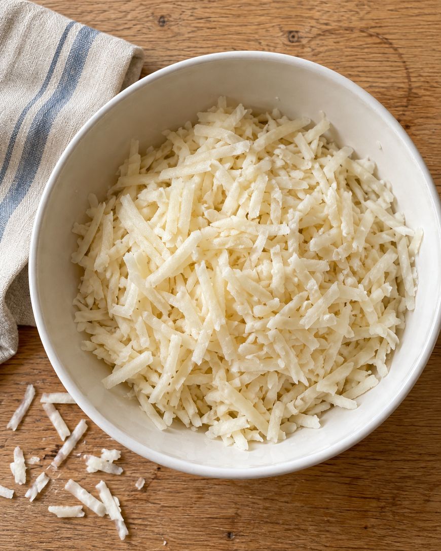 A white bowl filled with shredded potatoes on a wooden surface.
