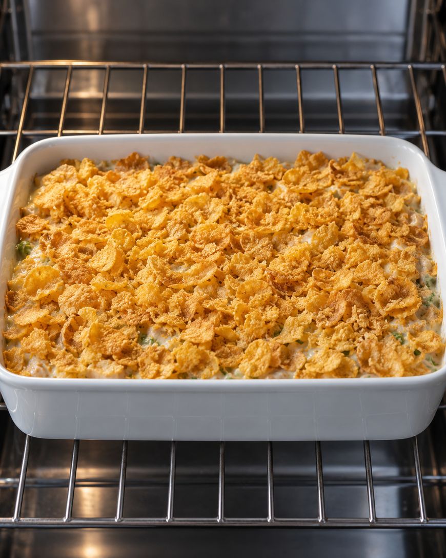 A white casserole dish filled with a creamy vegetable bake topped with crushed cornflakes, resting on an oven rack.