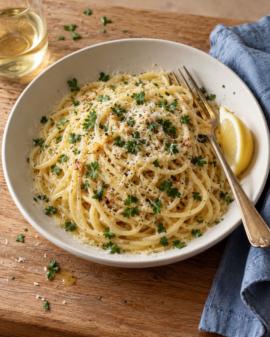 A bowl of spaghetti topped with parsley, grated cheese, and pepper, served with a lemon wedge and a fork.