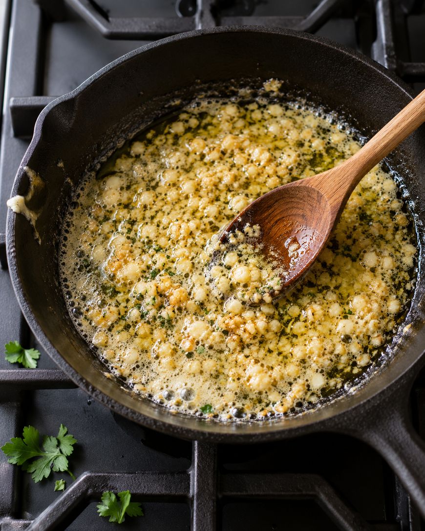 A wooden spoon stirs melted butter with garlic and herbs in a cast-iron skillet on a stovetop.