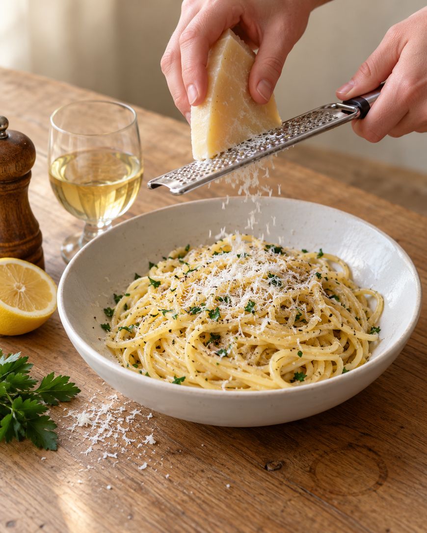 Hands grating a block of Parmesan cheese over a bowl of pasta.