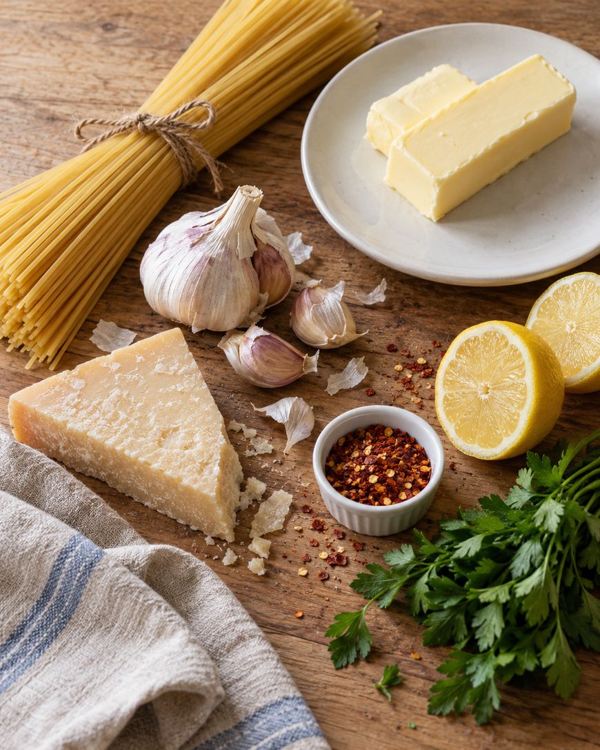 Ingredients for pasta including spaghetti, butter, garlic, a wedge of Parmesan cheese, red pepper flakes, lemon, and parsley on a wooden surface.