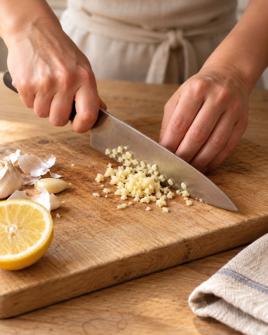 Hands using a chefs knife to mince garlic cloves on a wooden cutting board next to a halved lemon.