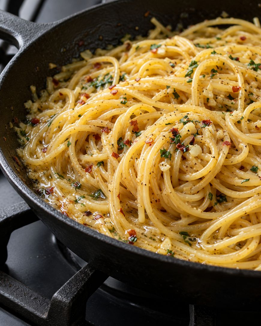 Spaghetti aglio e olio with red pepper flakes and herbs in a cast-iron skillet.