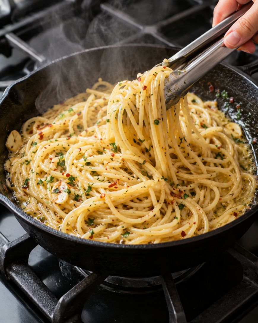 Metal tongs lift a portion of steaming spaghetti aglio e olio, seasoned with garlic, herbs, and red pepper flakes, from a cast iron skillet.