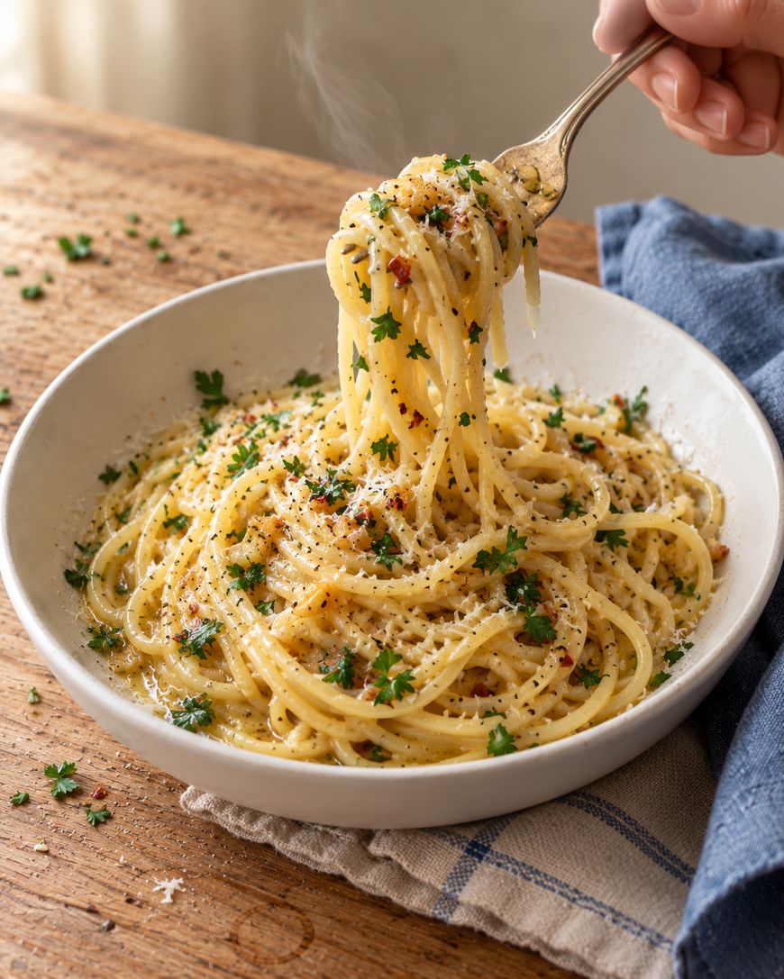 A hand holds a fork lifting a twirl of spaghetti from a bowl of pasta topped with herbs and cheese.