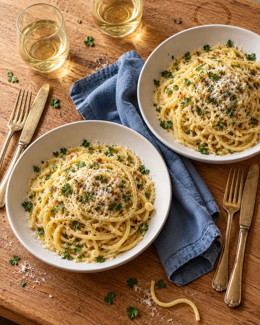 Two bowls of spaghetti sprinkled with parmesan and parsley on a wooden table, accompanied by two glasses of white wine and cutlery.
