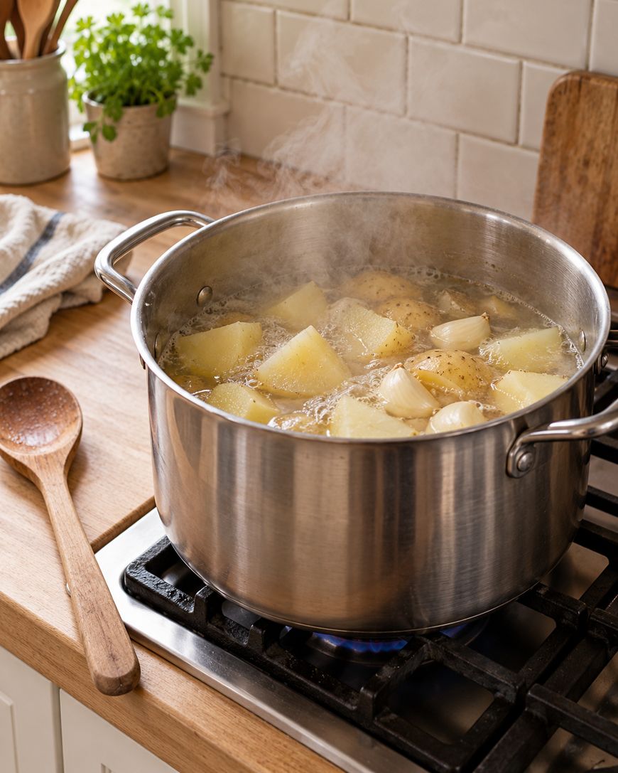 A stainless steel pot filled with boiling water, potato chunks, and garlic cloves sits on a stove. Steam rises from the pot, and a wooden spoon rests nearby on a wooden countertop.