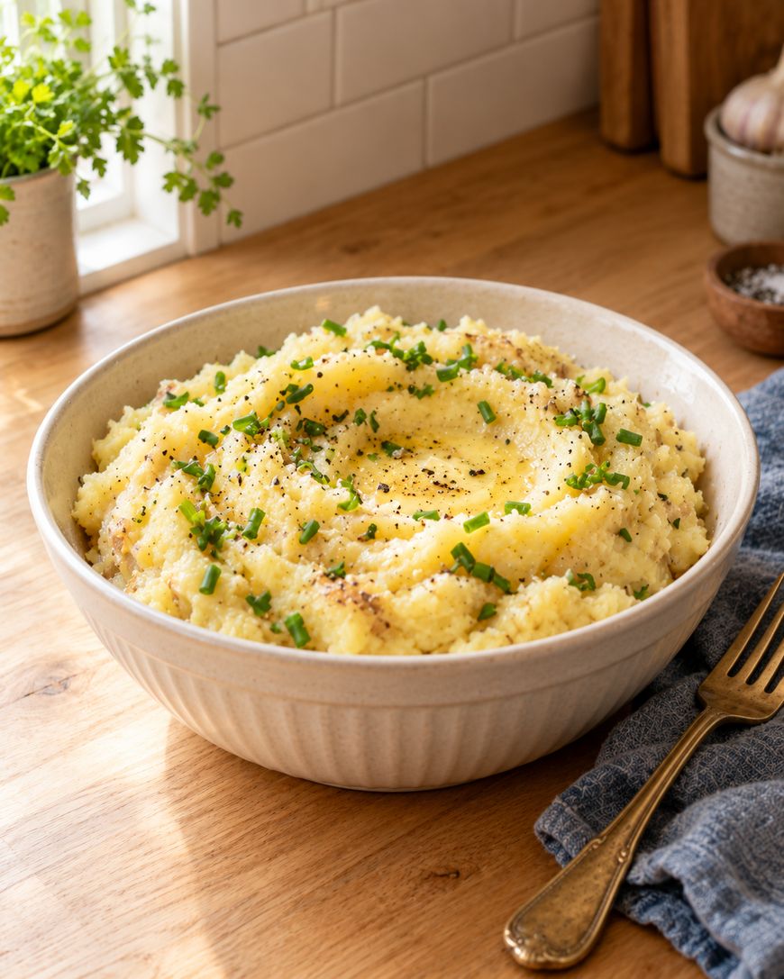 A bowl of mashed potatoes topped with chopped chives and black pepper sits on a wooden table near a fork, with a plant and kitchen items in the background.