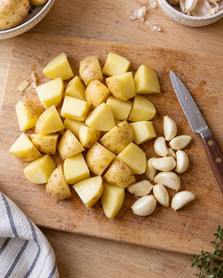 Chopped potatoes and peeled garlic cloves sit on a wooden cutting board next to a small knife. A striped cloth and garlic skins are nearby on the wooden surface.