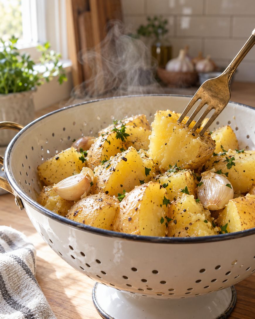 Steaming boiled potato wedges with garlic and herbs in a white colander. A fork holds a potato piece in the foreground. Sunlight streams through a window nearby.