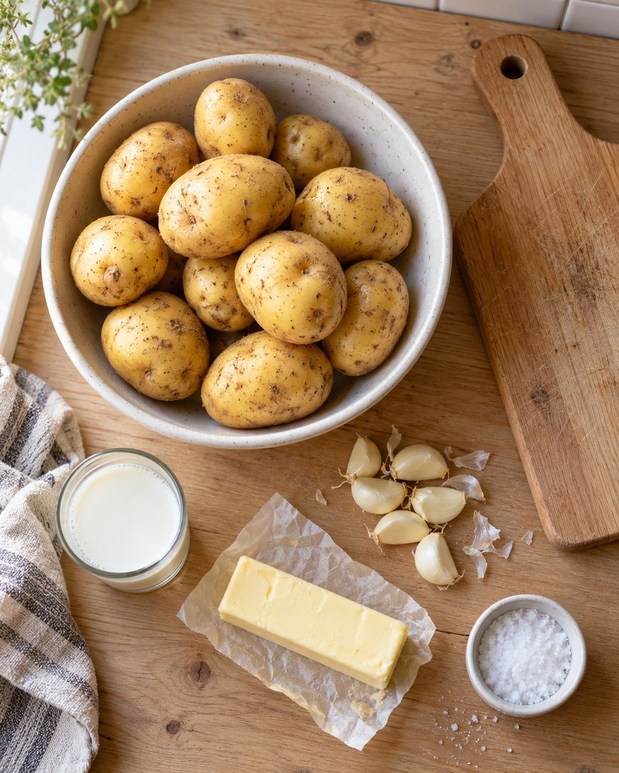 A bowl of unpeeled potatoes, a stick of butter, a small bowl of salt, garlic cloves, a glass of milk, a wooden cutting board, and a striped towel on a wooden surface.