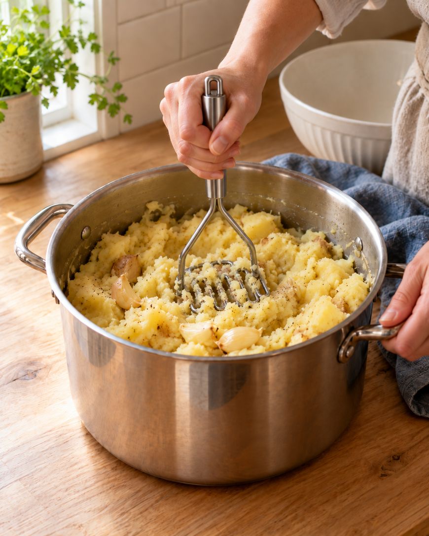 A person mashes potatoes with a metal masher in a large stainless steel pot on a wooden counter, with garlic cloves visible in the potatoes.
