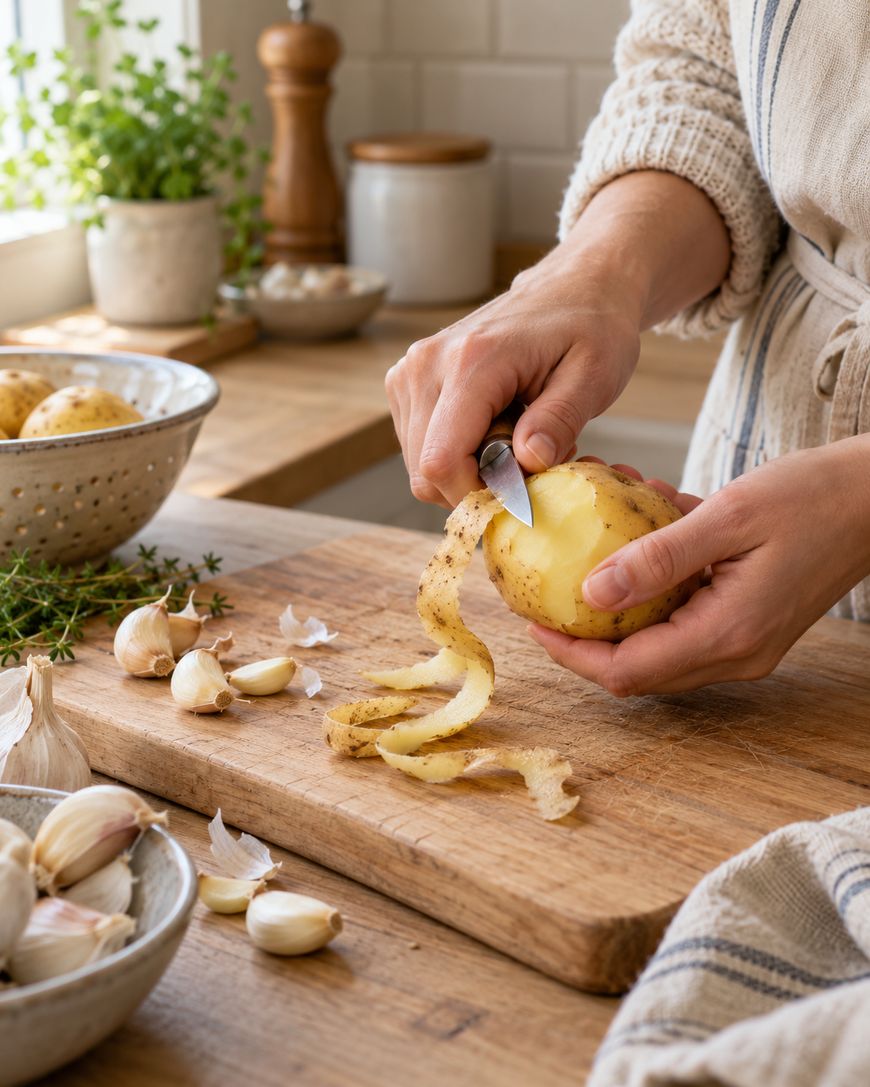 A person peels a potato with a knife on a wooden cutting board. Garlic cloves and fresh herbs are scattered nearby in a bright kitchen.