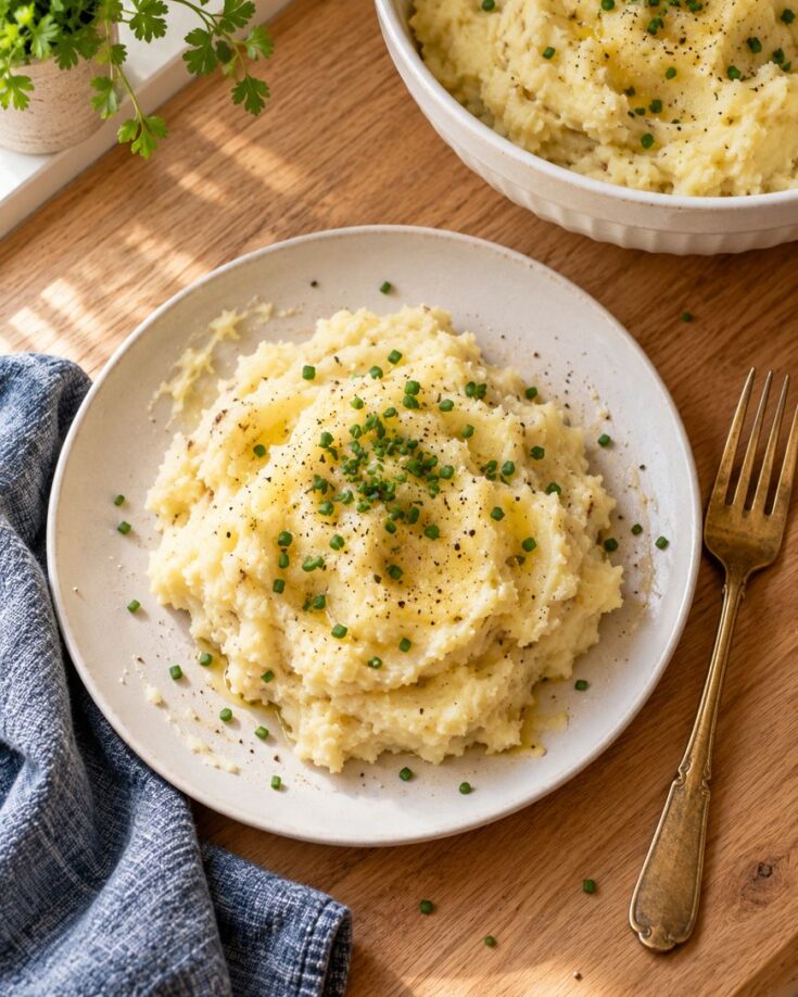 A plate of creamy mashed potatoes topped with chopped chives and black pepper sits on a wooden table beside a fork, with a bowl of more mashed potatoes in the background.
