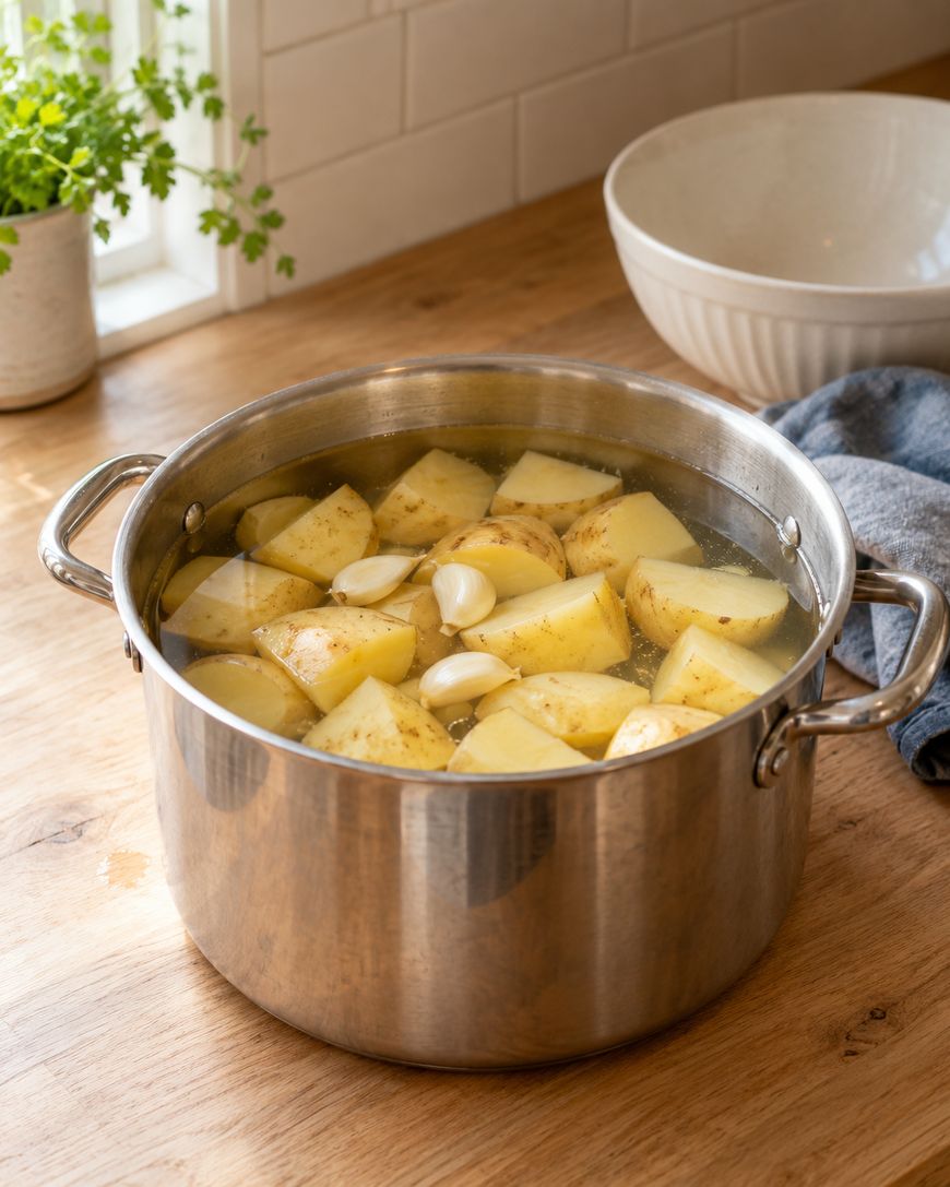 A metal pot filled with water, chunky potato pieces, and whole garlic cloves sits on a wooden countertop near a window, with a white bowl, blue towel, and green plant nearby.