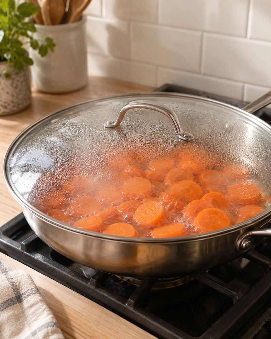 Sliced carrots simmering in a stainless steel pan with a glass lid on a stovetop.