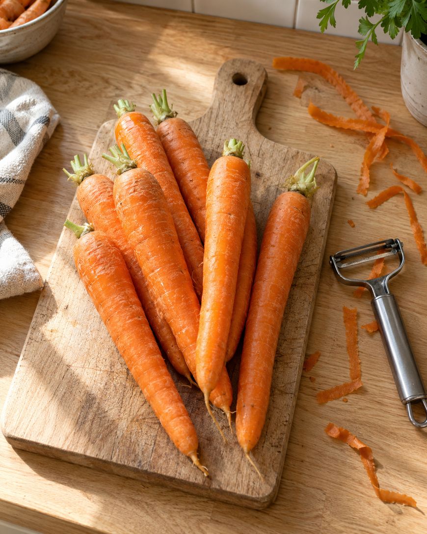 A pile of fresh carrots on a wooden cutting board next to a vegetable peeler.