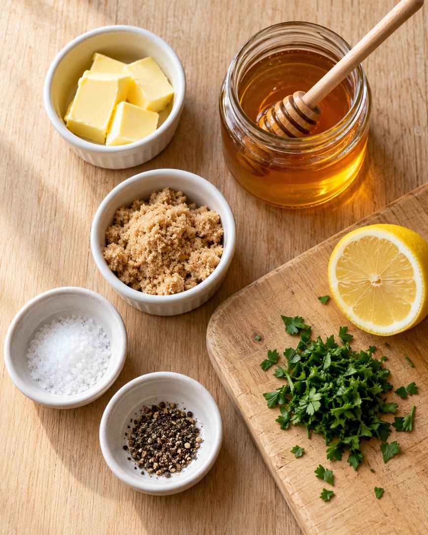 Small bowls containing butter cubes, brown sugar, salt, and peppercorns, alongside a jar of honey with a dipper, and a cutting board with a sliced lemon and chopped parsley.