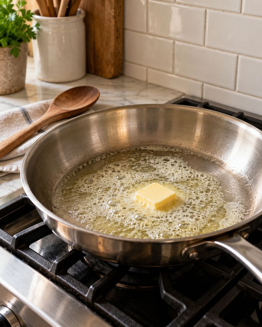 A cube of butter melting in a stainless steel skillet on a stovetop.