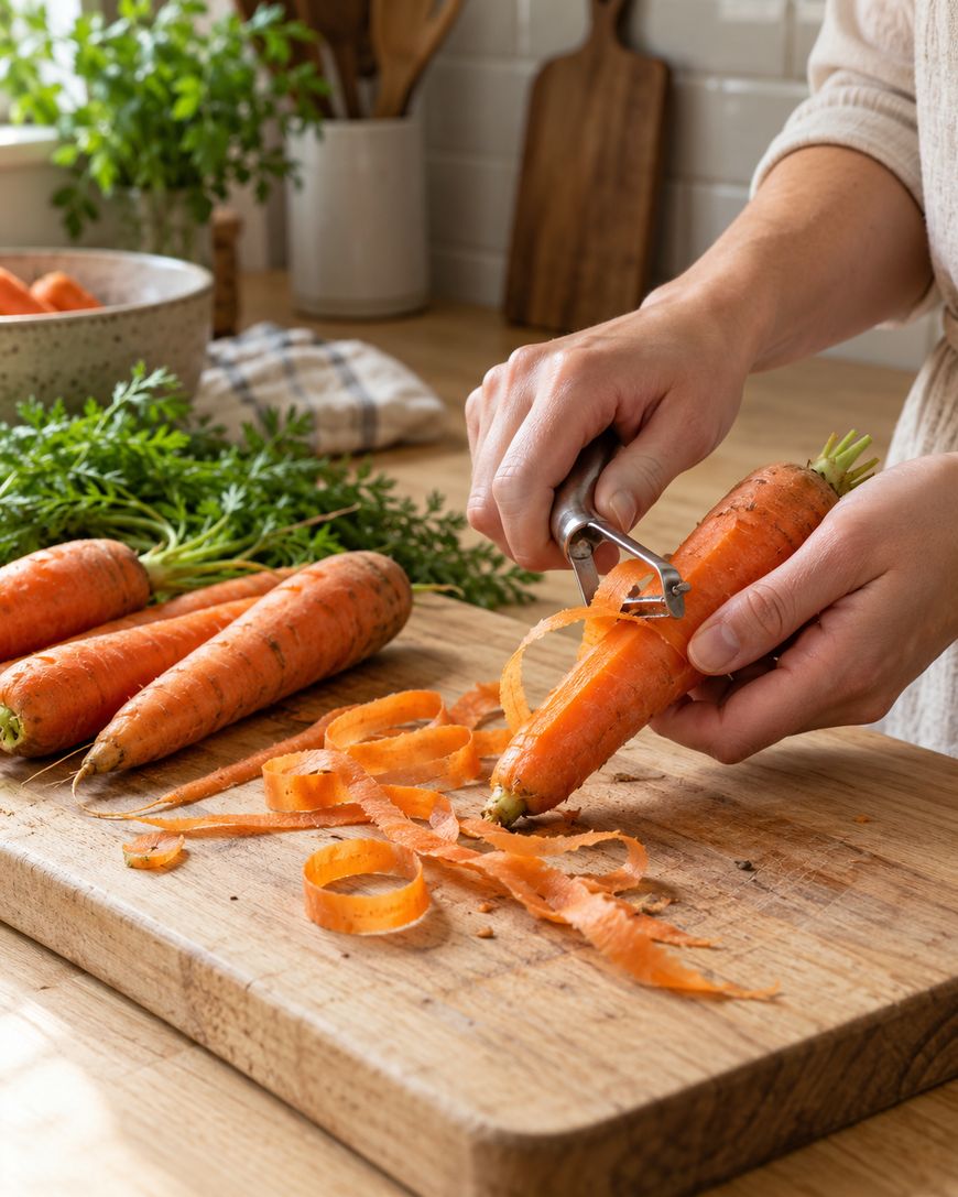 Hands peeling a fresh carrot on a wooden cutting board with more carrots nearby.