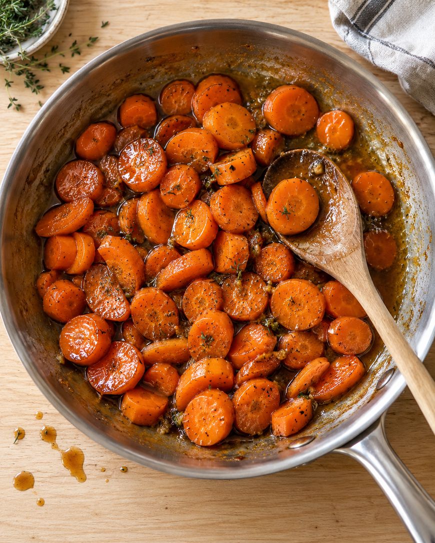 Sliced carrots sautéed in a glaze with herbs in a metal skillet with a wooden spoon.