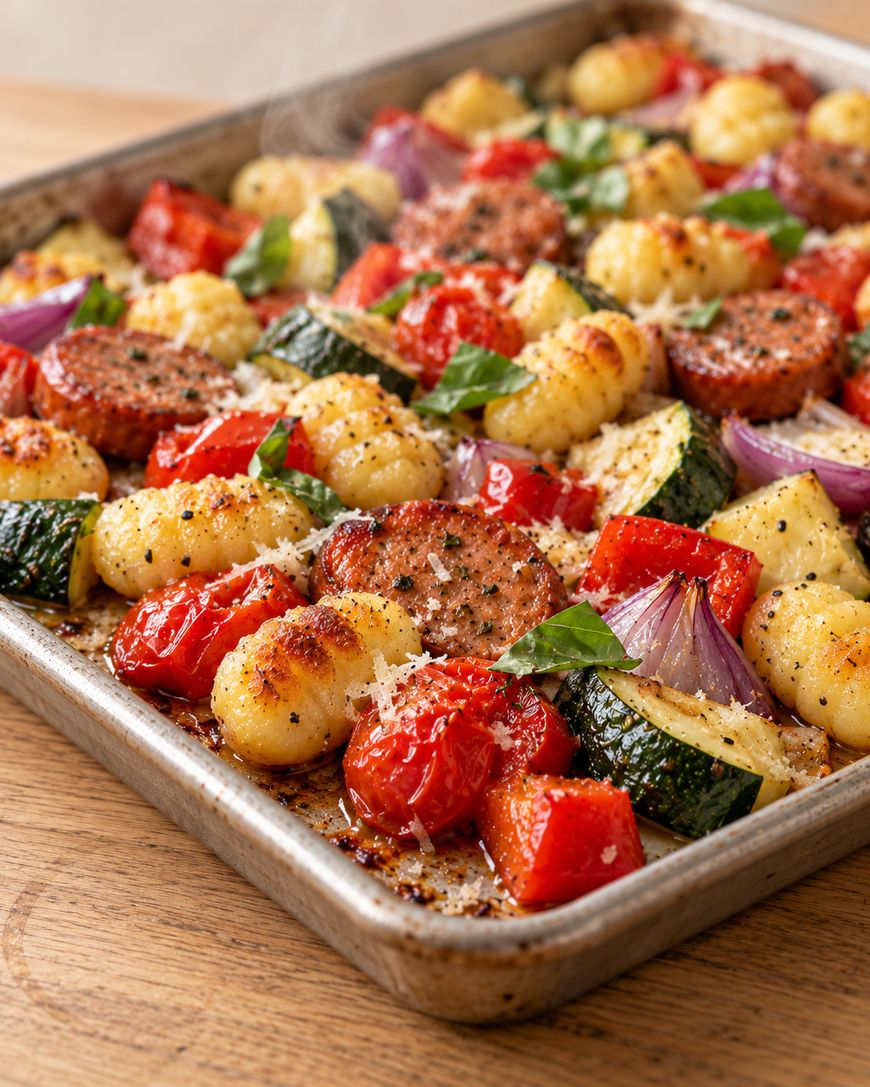 A sheet pan roasted meal of gnocchi, sliced sausage, cherry tomatoes, zucchini, and red onion, garnished with fresh basil and grated cheese.