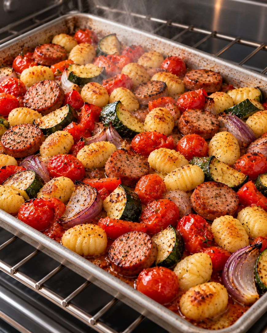 Sheet pan meal of roasted gnocchi, sliced sausage, cherry tomatoes, zucchini, and red onion.